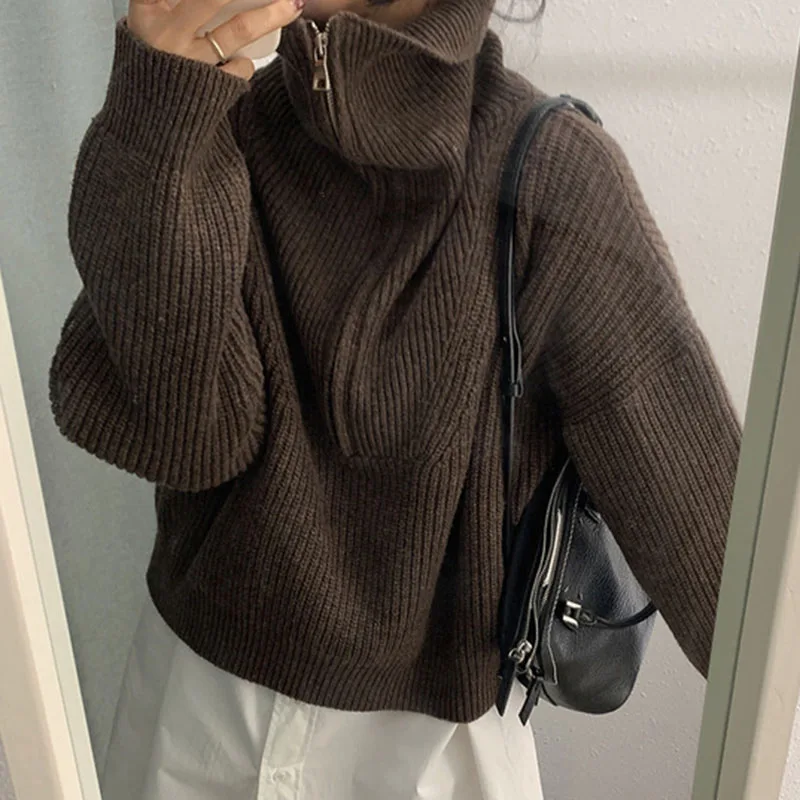 Chic paresseux Sle fermeture éclair rayé Design bulle ample Sve pull tricoté pour les femmes trajet Sle Long Sve couleur Pure