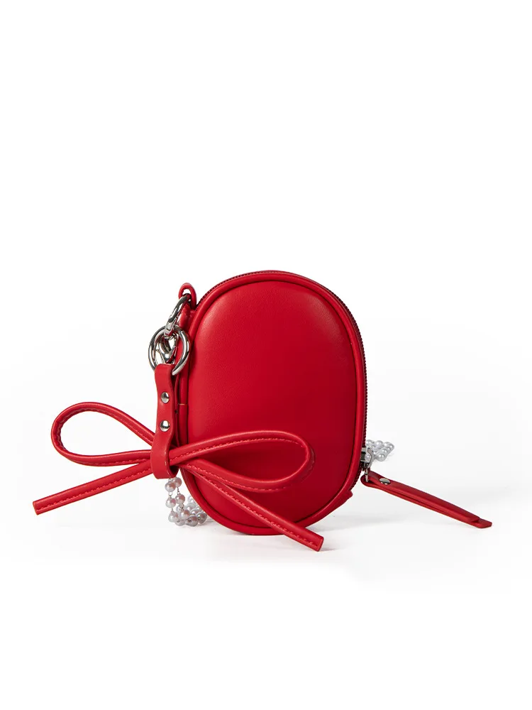 WUXIATE Cute bow mini mouth red bag with pearl chain crossbody bag Handbag for women