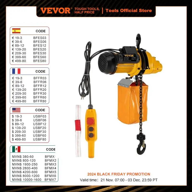 VEVOR 1300W Lifting Power System Electric Chain Hoist Winch with 15FT / 10FT Wired Remote Control with Emergency Stop Switch