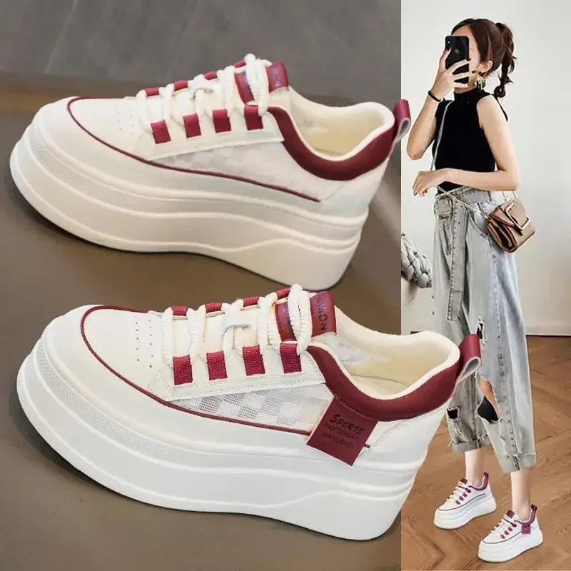 2024 Autumn Hot Seller Trendy Interior Height Increasing Women\'s Shoes Mesh Breathable Thick Sole Versatile Casual Board Shoes
