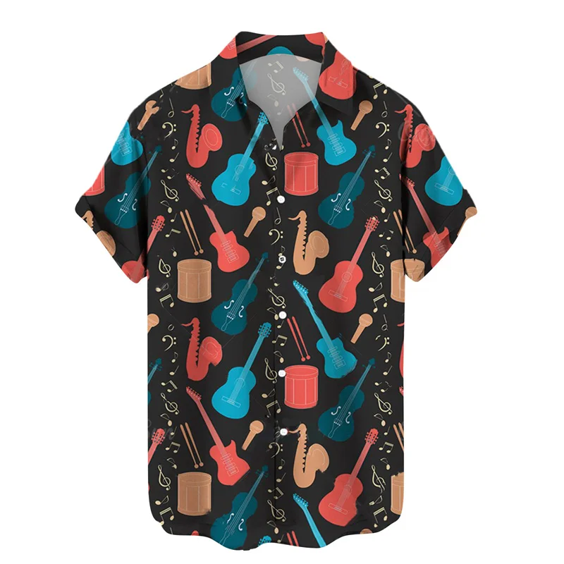 Music Guitar Pattern Hawaiian Shirts For Men Musical Instrument 3D Printed Blouse Summer Loose Aloha Shirts Beach Short Sleeves