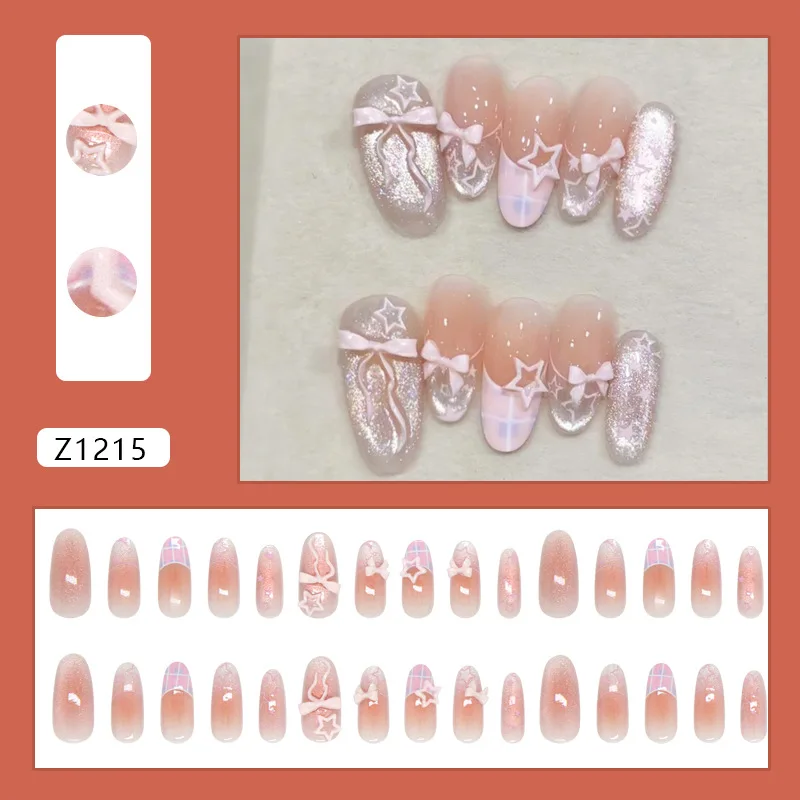 24pcs Checkered French Cat-Eye Press on Nails Blush Bow Openwork Star Fake Nail Medium Almond False Nail for Women&Girl Nail Art