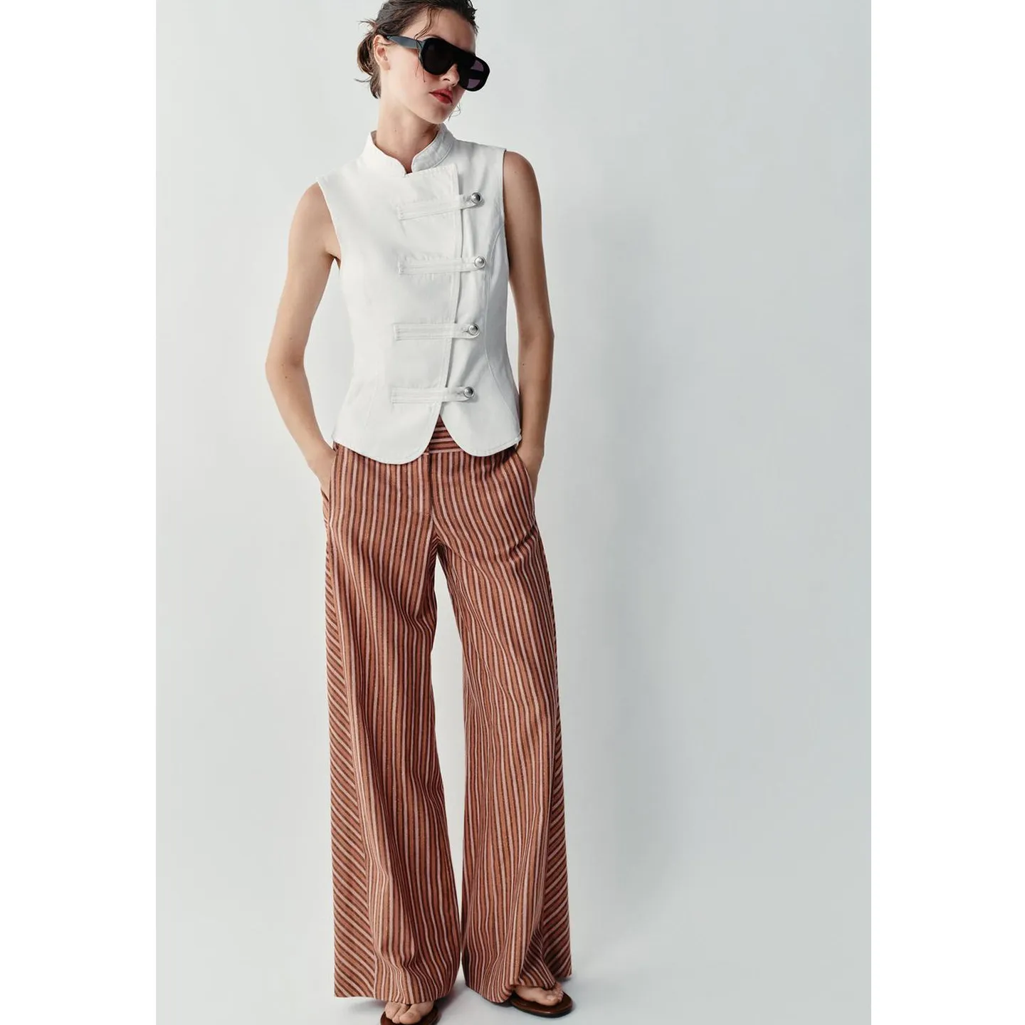 Low Waist Wide Leg Pants Autumn New Arrival Commuter Style Long Length Metal Color Line Pattern Women's Casual Trousers