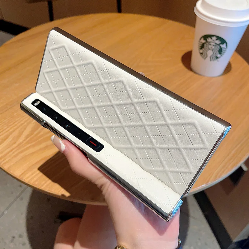 

For Huawei Mate Xs and Xs 2 Leather Foldable Case Cubical Diamond Grid Pattern Raised Camera Lens Protection Plating Case Cover