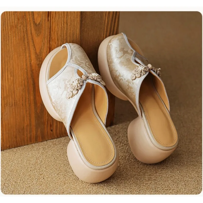 National tide style Baotou thick-soled female genuine leather hollow semi-slippers new summer new Chinese high heel slippers