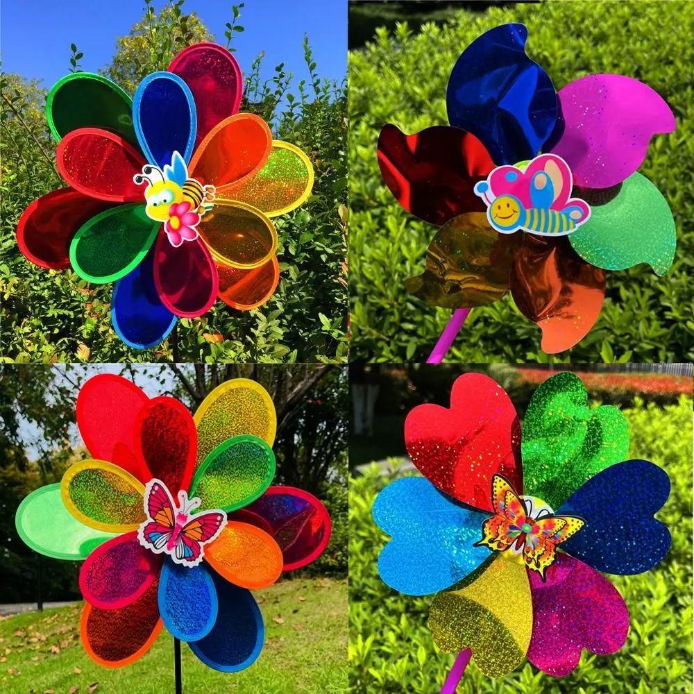 Moinho de vento de lantejoulas tradicional multiestilos, insetos de desenho animado, borboleta, abelhas, libélulas, moinho de vento portátil, diâmetro 22/38cm