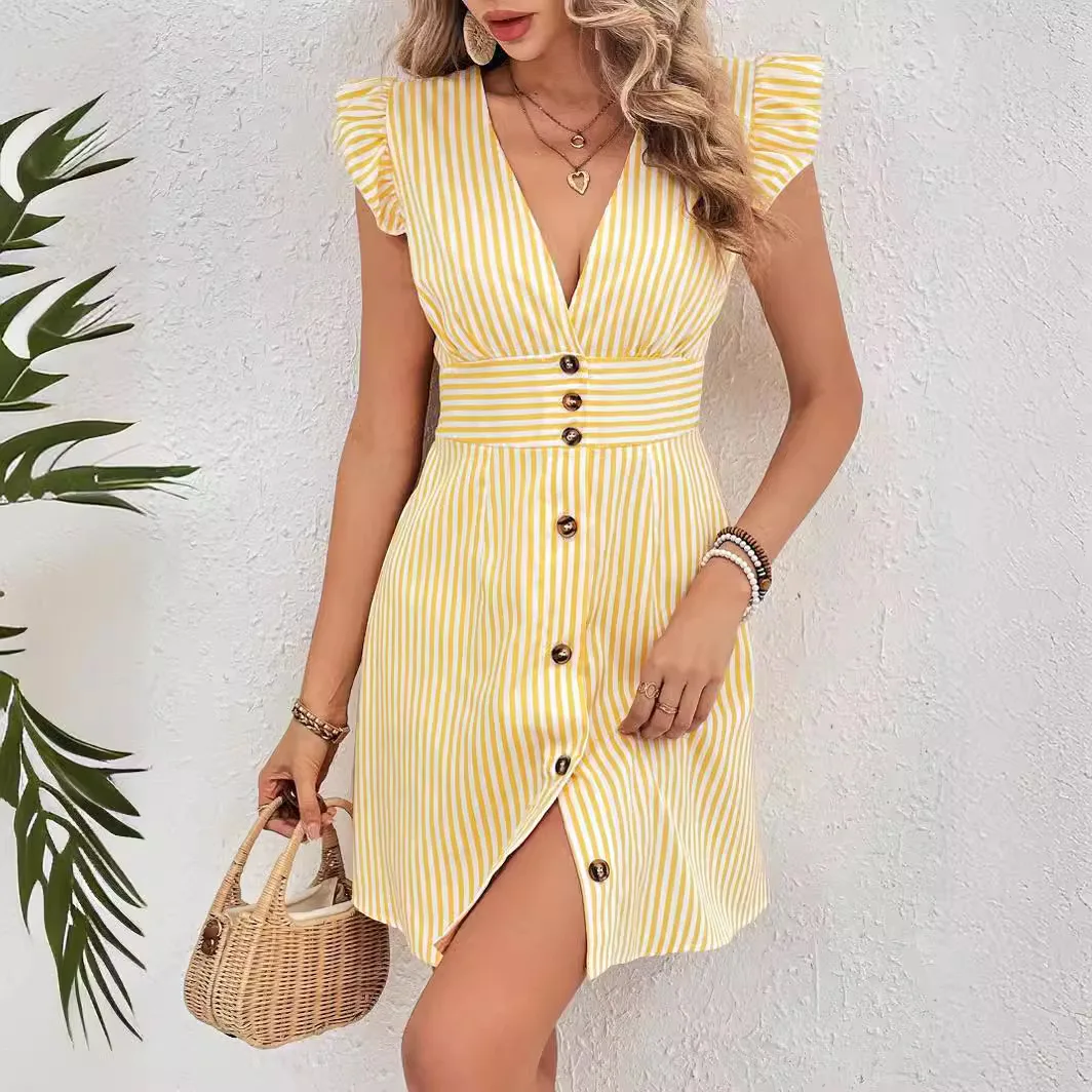 

Fashion Striped Print Dress Sexy Deep V-neck Flying Sleeves Button High Waist Mini Dress Elegant Office Lady Commuting Dresses