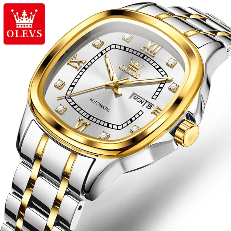 OLEVS Men Popular Brand Automatic Mechanical Watch Fashion Original Square Calendar Waterproof Luminous Luxury Men Watch 9810
