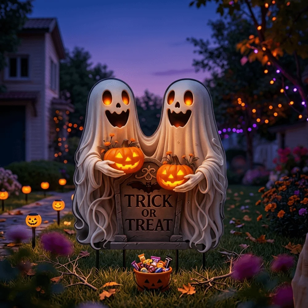 Decorative Pile Acrylic Halloween Ghost Stake Pumpkin Trick Or Treat Garden Decoration Floor Socket 2D Flat Ghost Plaque Garden