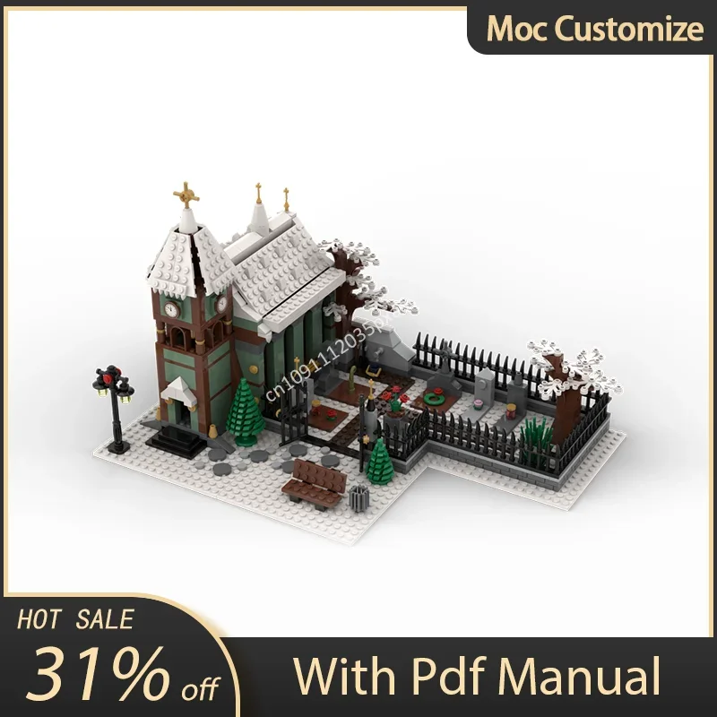 

906pcs Moc Christmas Winter Village Church with Graveyard Modular Houses Building Blocks Creative Assembly Bricks Toys Kids Gift