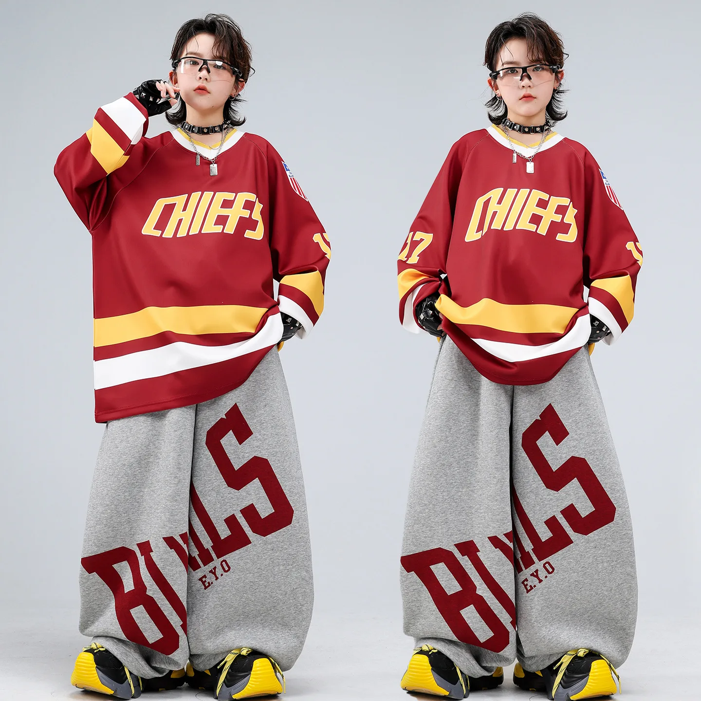 

Kid Kpop Hip Hop Clothing Dark Red Letters Sweatshirt Top Gray Wide Leg Sweat Pants for Girls Boys Street Dance Costumes Clothes
