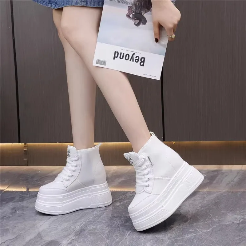 Fashionable 12cm High Heel Canvas Shoes with Strap Waterproof Platform and Internal Heightening for Women  women sneakers