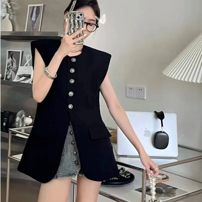 Hikigawa Early Autumn Chic Fashion Korean O Neck Blazer Vests Jacket Women Solid Slim Elegant Sleeveless All Match Tops Mujer