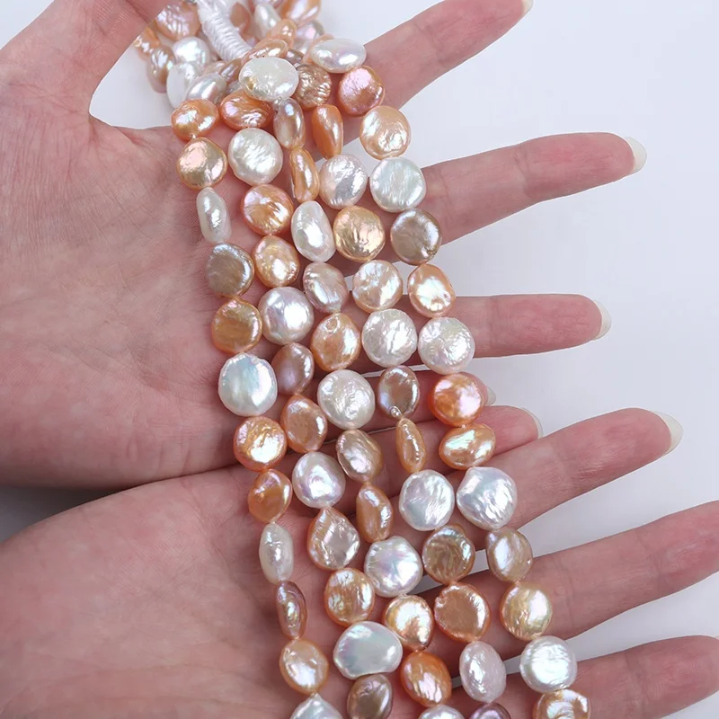 11-12mm Coin Shape Natural White Pink Purple Mixed Color Beads Freshwater Pearls 18cm short Strands