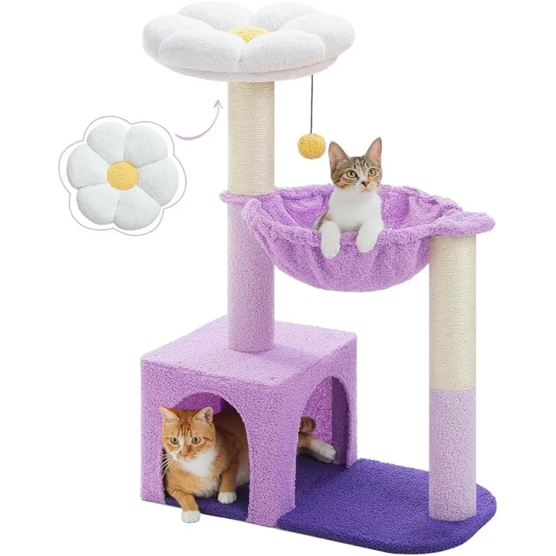 

Purple Flower Cat Tree for Small Indoor Cats w/Large Metal Frame Hammock, 35" Cute Cat Tower with Sisal Scratching Posts, Cozy C