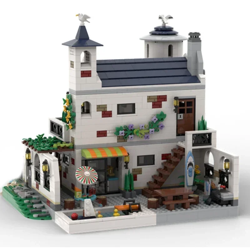 MOC-décennie s de Construction Modulaires en Briques, Modèle de Vue de Rue Urbaine, Maison de Plage de Luxe, Technologie, Cadeaux de Noël, Jouets à Assembler Soi-Même