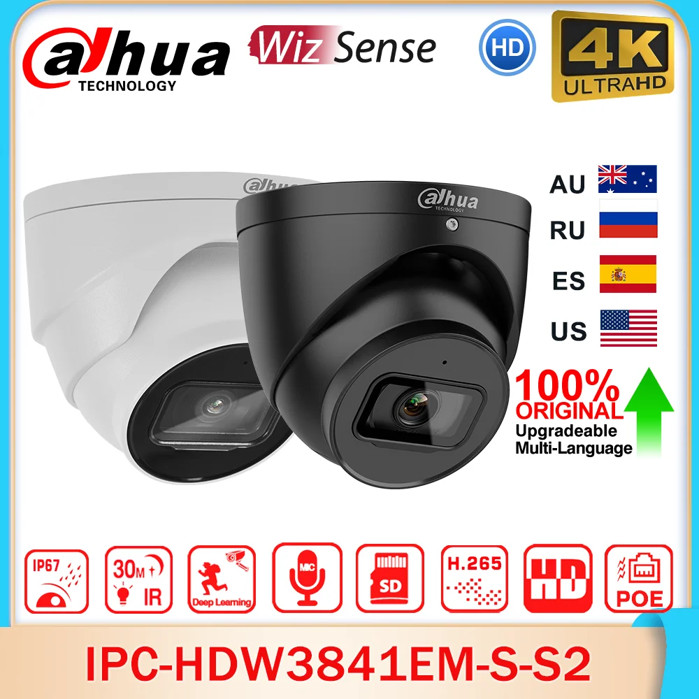 

Dahua Original IPC-HDW3841EM-S-S2 8MP 4K WizSense Network POE IP Camera IR 30M SD Slot Built-in MIC IVS SMD 4.0 AI SSA IP67