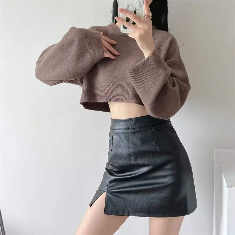 High-waisted Short Sweater for Women Korean Style Autumn Winter Solid Color Knitwear Loose Long-sleeved Tops Warm Clothing