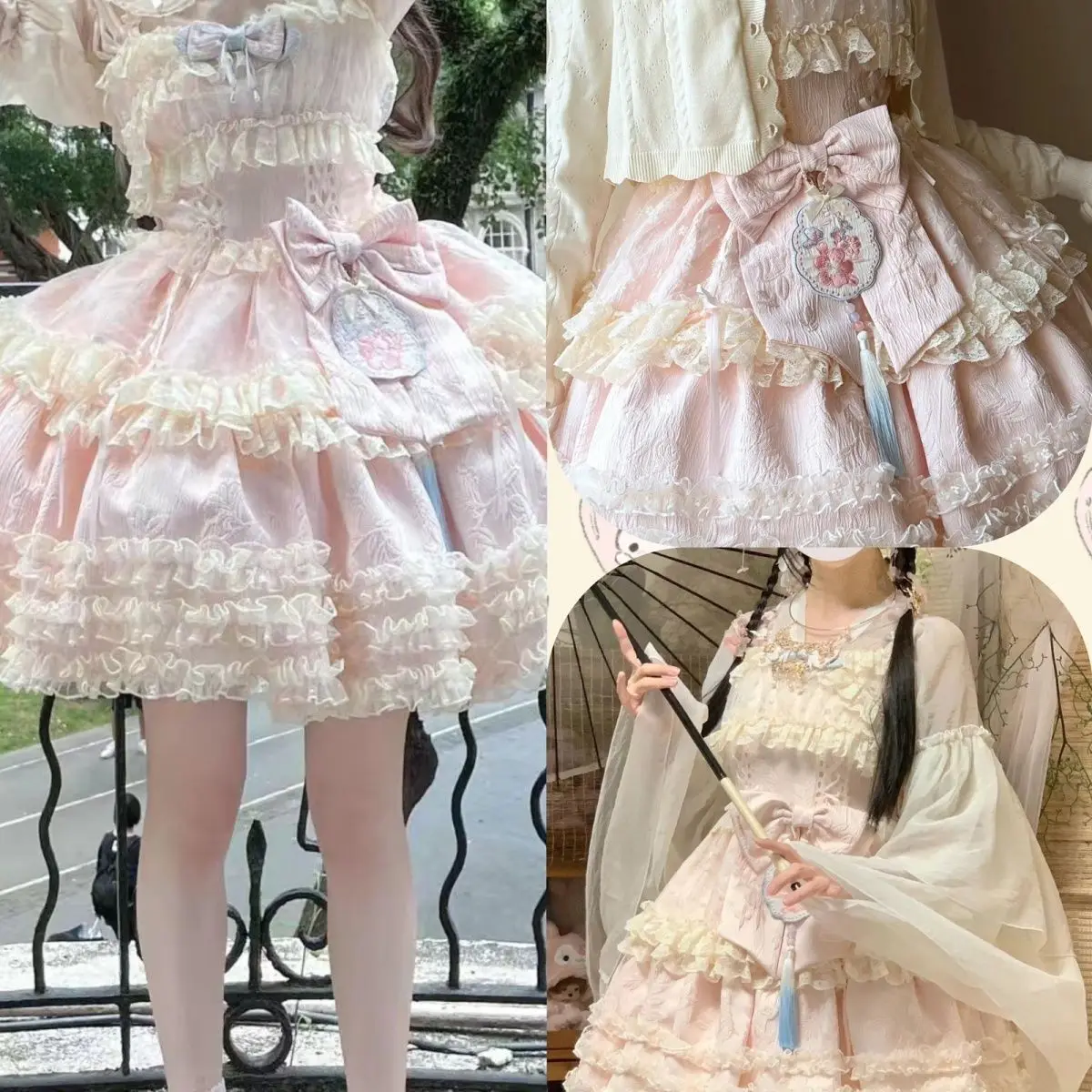 

CON Japanese Sweet Sister Lolita JSK Dress Women Kawaii Bow Lace Ruffles Princess Strap Dresses Soft Girls Y2k Party Mini Dress