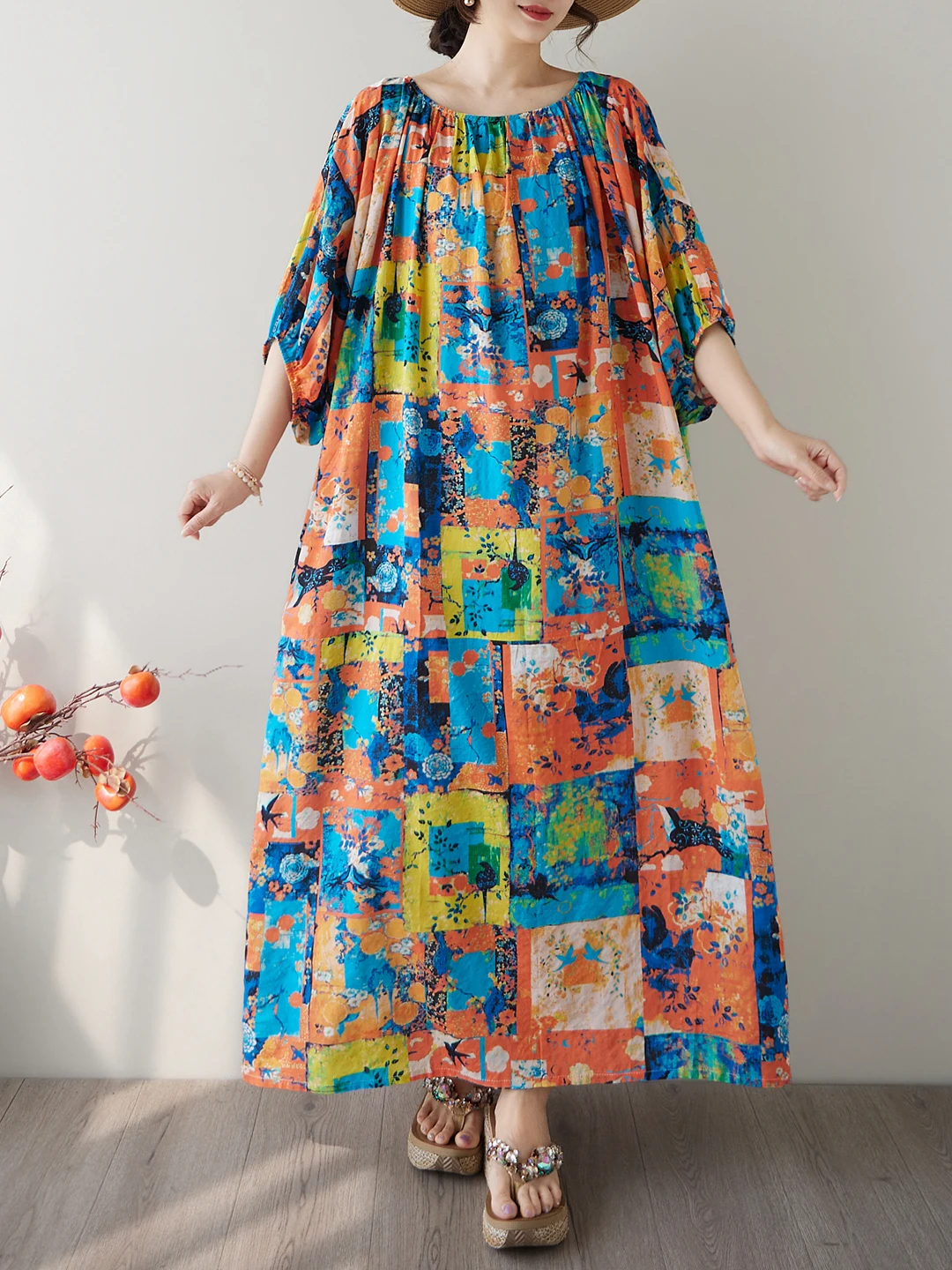 Bohemian Print Cotton Lin Loose Long Dress Bell Sleeve Cover up Slimming Robe Large Size Women's Summer Casual A-Line Dress 3
