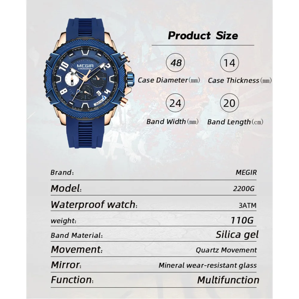 MEGIR-Montre de sport à quartz étanche pour homme, chronographe, montres-bracelets militaires, horloge, date, mode, 2200