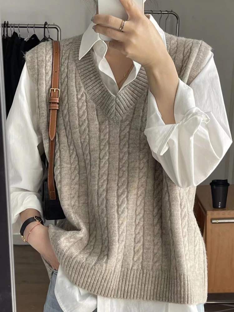 Traf Sweater Cardigan Sleeveless Women Top Solid Sweater Knitted Vest Commuter Style Clothes Preppy Look Autumn Winter Woolly