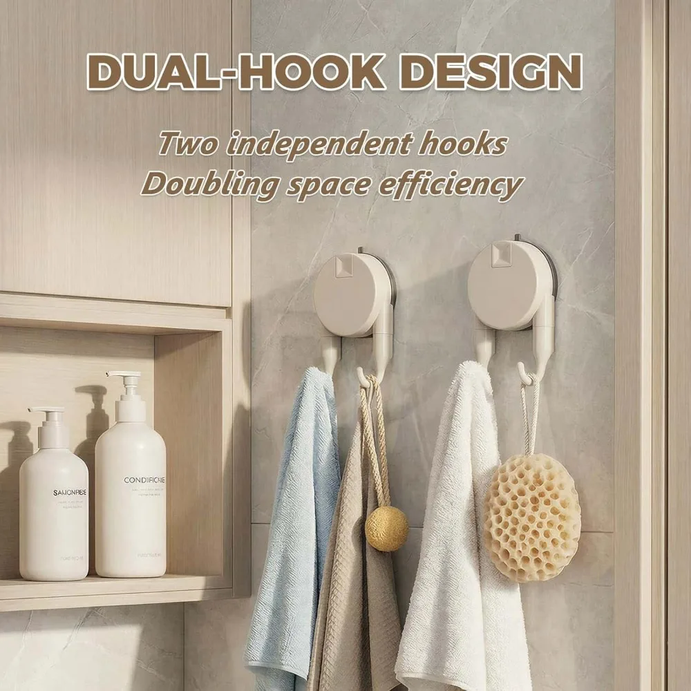 No Drill Suction Cup Hooks, Heavy Duty Vacuum Hooks for Bathroom Kitchen Door - Strong Load Bearing Dual Hooks with Secure Lock