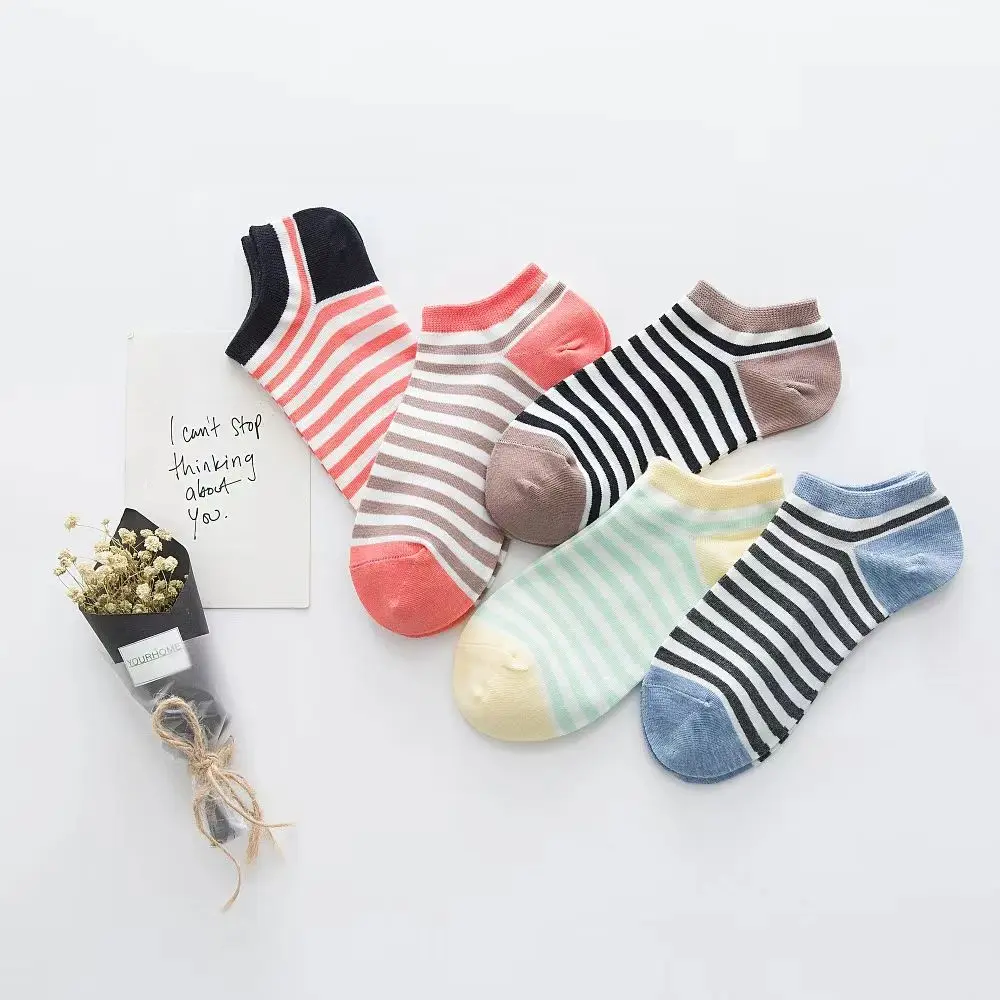 SHXI 5 Pairs of Low Tube Women's Socks Spring Summer Tricolor Stripe Cotton Socks Women's Funny School Girls Casual Ankle Socks
