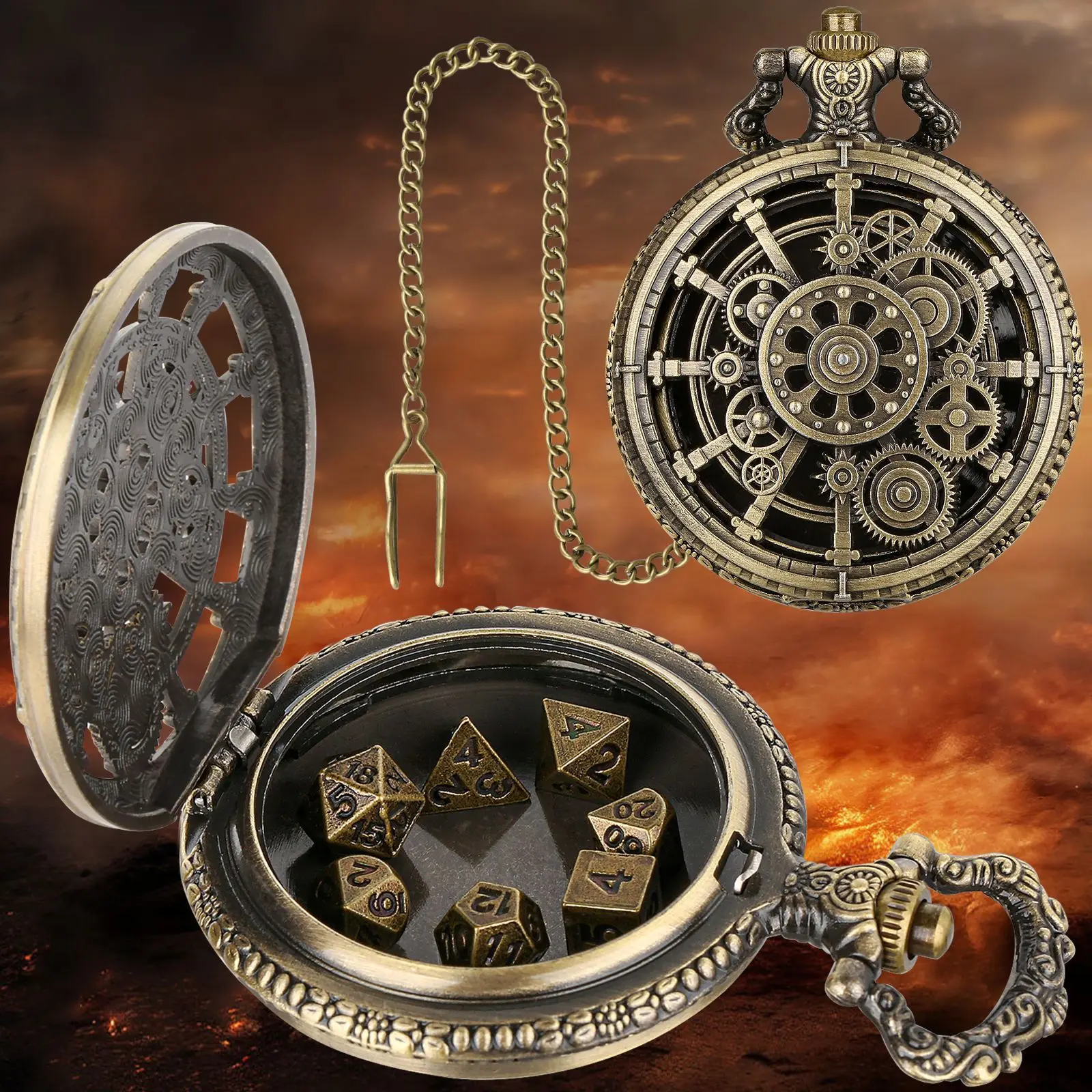 7pcs DND Mini Dice with Pocket Watch Case Set Portable Polyhedron Metal Dice Perfect for Dungeons&Dragons,Table RPG