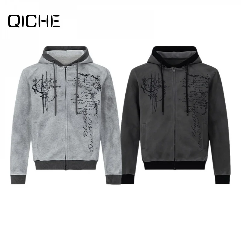 Moletom com capuz e zíper masculino QICHE 2026 com estampa de tatuagem retrô, jaqueta cinza escura estilo streetwear solta com frente aberta