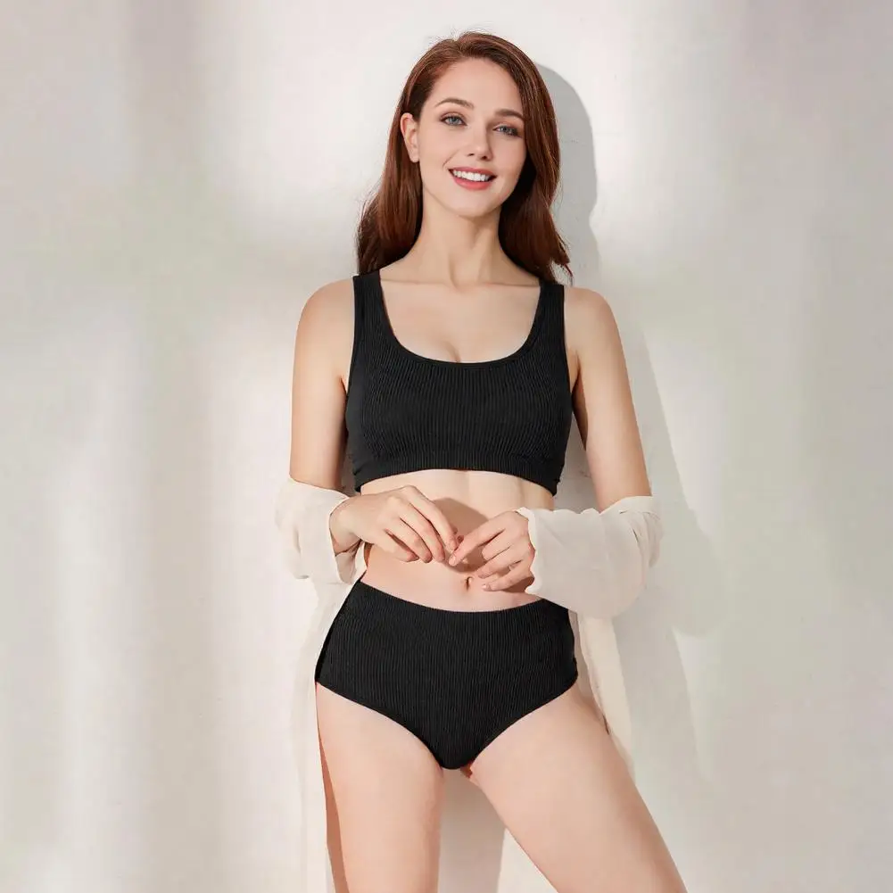 2Pcs/Set Women Bikini Set U-Neck Sleeveless Removable Padding Bra High Waist Swimming Trunks Set Ribbed Swimsuit
