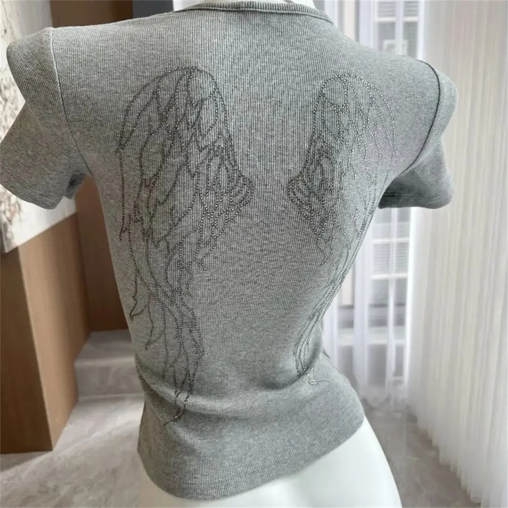 Angel Tee Wings Diamond Summer New Short Sleeve T-Shirts Ropa De Mujer Graphic T Shirts Crop Top Women Grunge Korean Tee