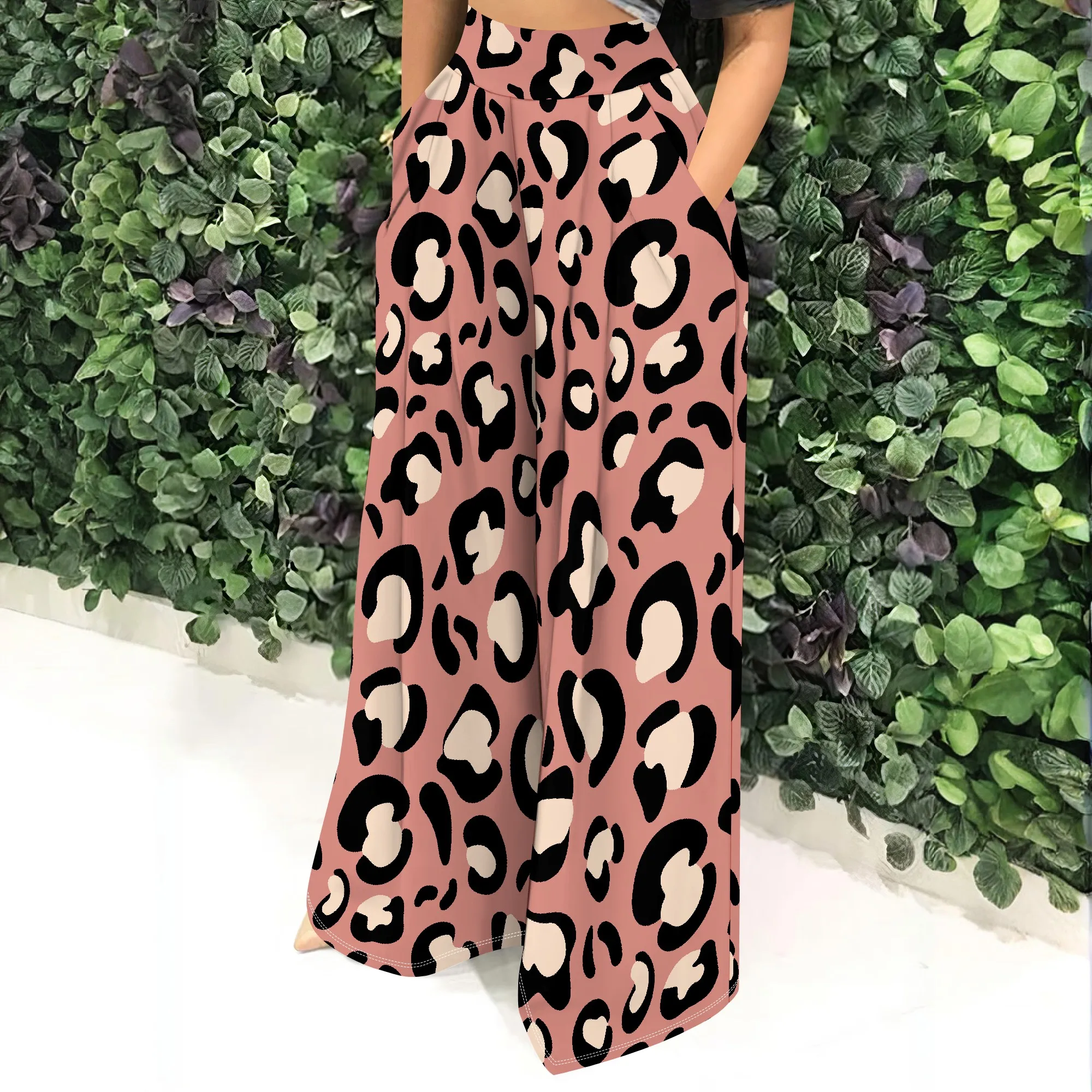 High Waist Leopard Print Wide Leg Pants, Pink Animal Pattern Trousers, Casual Loose Fit with Pockets for Women, S-2XL