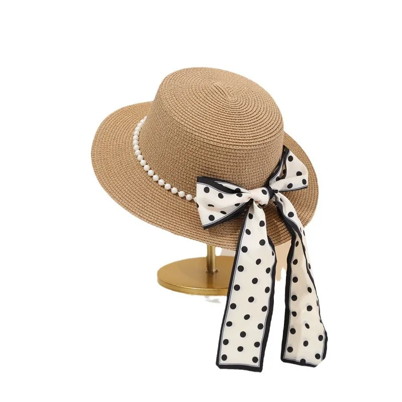 

French Hat Hepburn Summer Sun Hat South Korea Elegant Polka Dot Ribbon Pearl Flat-top Cap Travel Fresh Hat