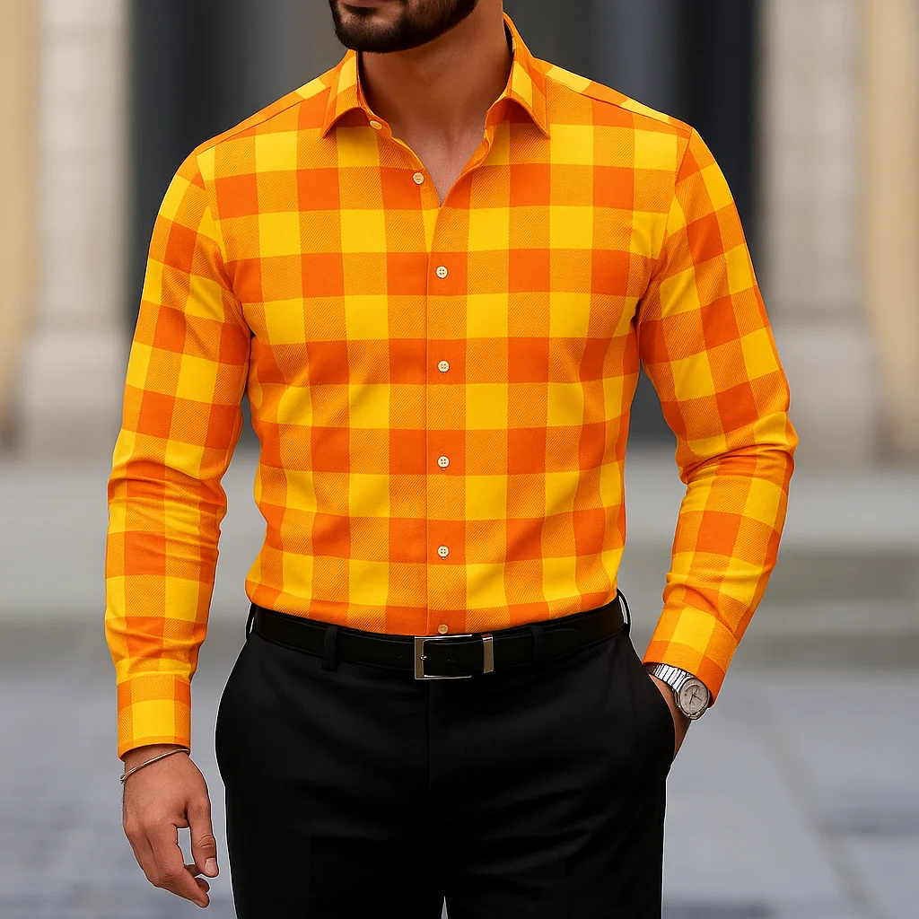 

2025 Men's Long Sleeve Shirt Casual Slim Fit Button Down Shirt Striped Bright Yellow Shirts For Men Fashion Top Blouse Male Tees