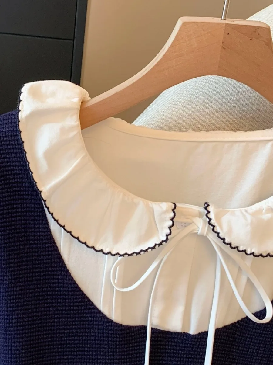 Self-Kept Sle Knitted Splice Doll Collar irt Women Early Autumn Anti-Aging College Wind Top Recommendations for You