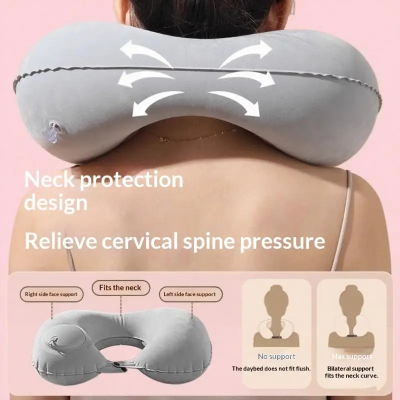 New Flocking Inflatable Portable Neck Pillow That Can Be Stored & Self Filled Suitable For Outdoor Travel Business Trips Camping