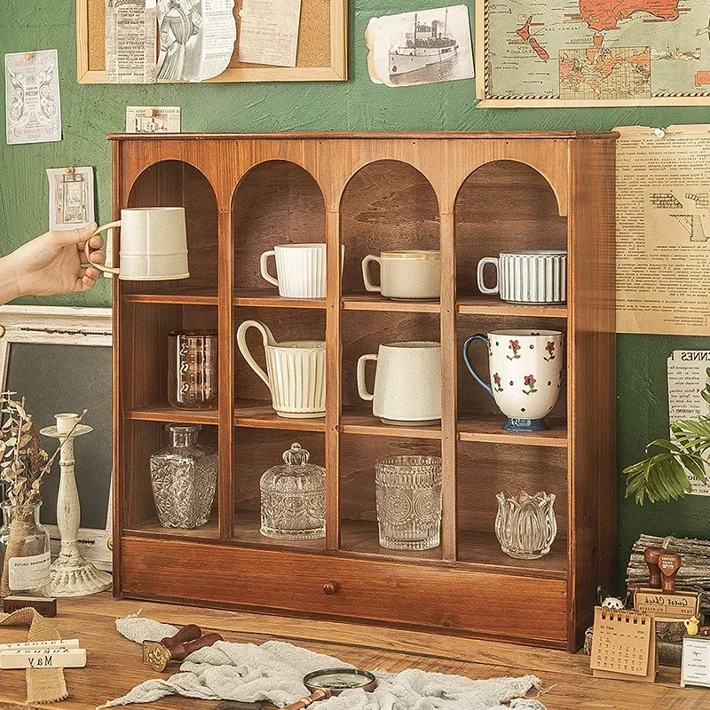

z Vintage Wood Organizing Shelf Multi-compartment Cup Holder Creative Arched Kitchen Cabinets Home Decoration Makeup Organizer