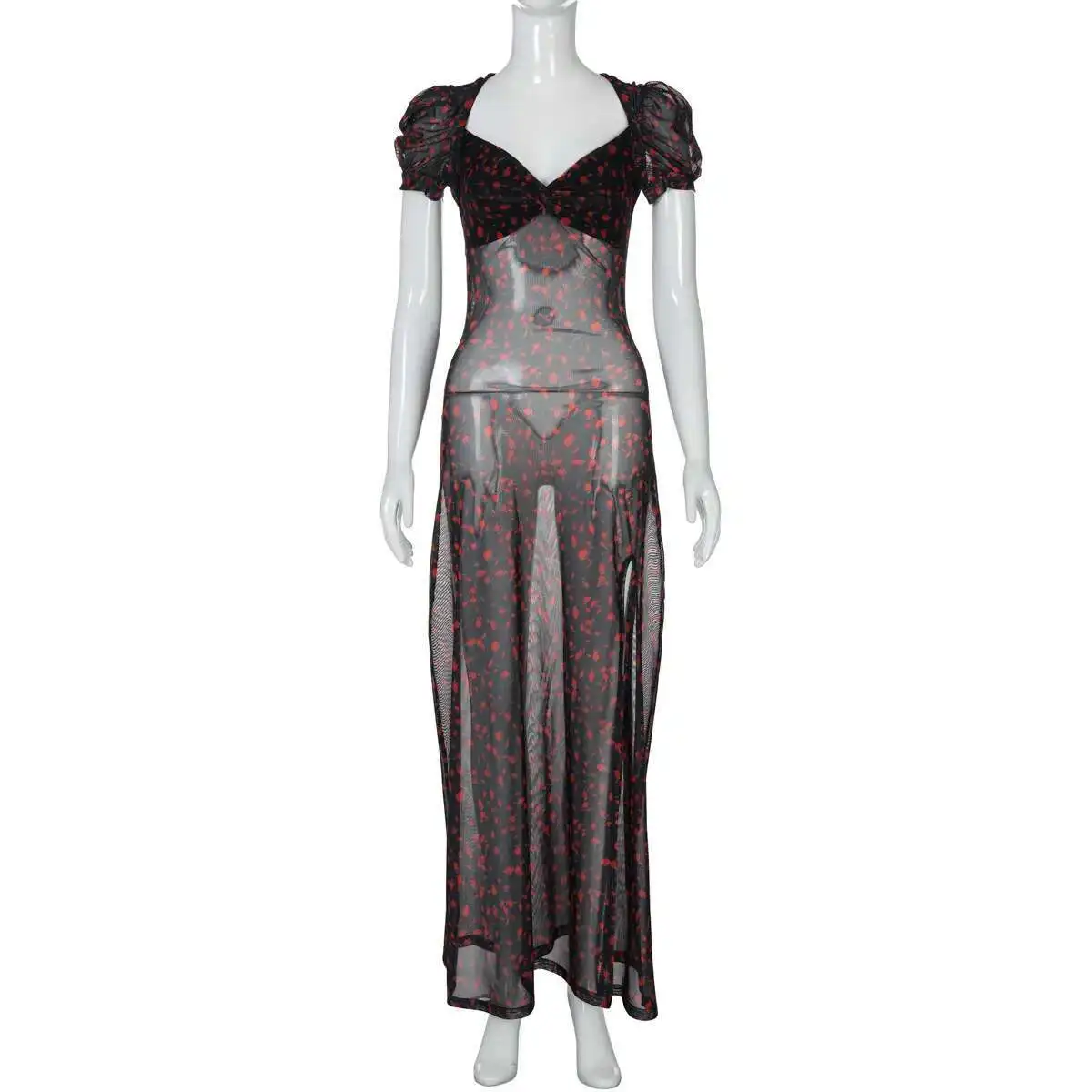 

New 2025 Spring Fashionable Floral Bubble Sleeve Sexy Split V-neck Mesh Edge Jumpsuit Group Dress Robe Vestido Women Party