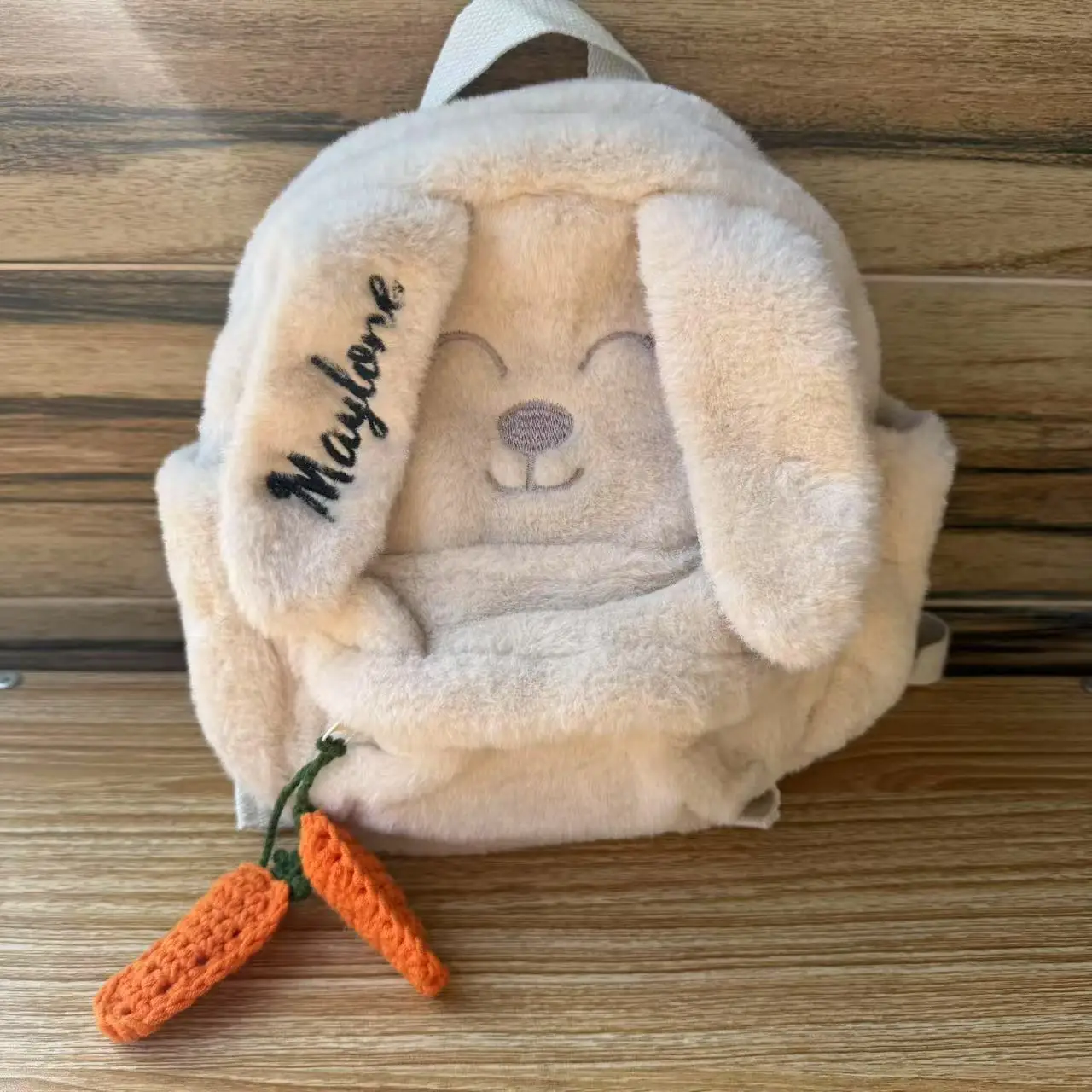 Personalized Custom Beige Plush Cute Carrot Hanging Ear Rabbit Women's Backpack, Embroidered Children's Cute Gift Bag With Name