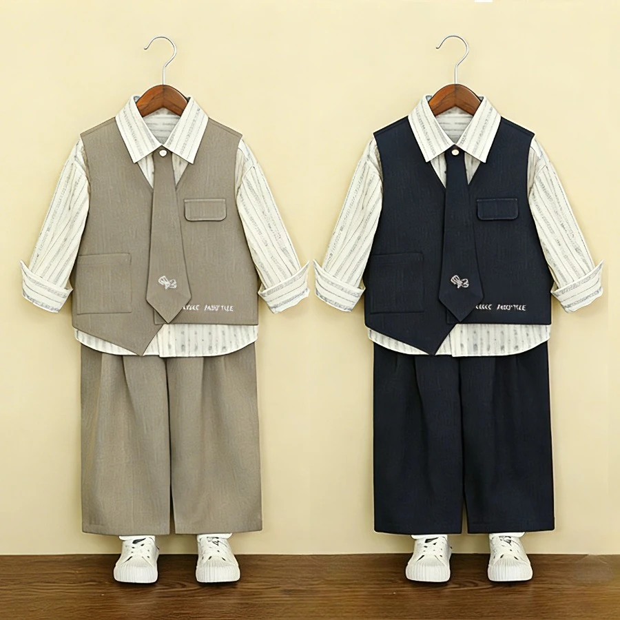 Kids Tuxedo Suit Boys Formal Wear Blazer Vest Pants Set for Flower Boy Piano Performance Host Ceremony Toddler Birthday Spring