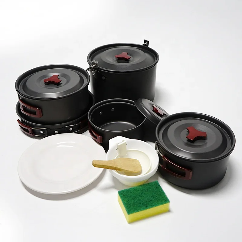 

Camping Gear 4 Person Portable Camping and Hiking Cookware Aluminum Camping Kitchen Cookware Set Ningbo