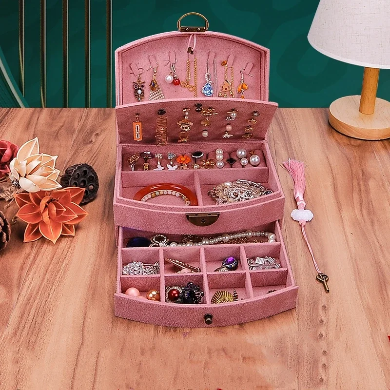 Lbarley 2025 New Velvet  Wooden Double Layer Jewelry Box With Lock 2 Layers Necklace Holder