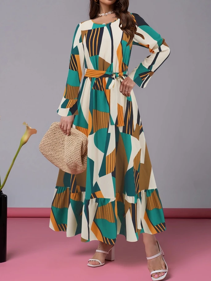 

Plus Size Women's Dress 2024 Autumn Long Sleeved Geometric Contrasting Printed Pattern Round Neck High Waist Maxi A Line Dress