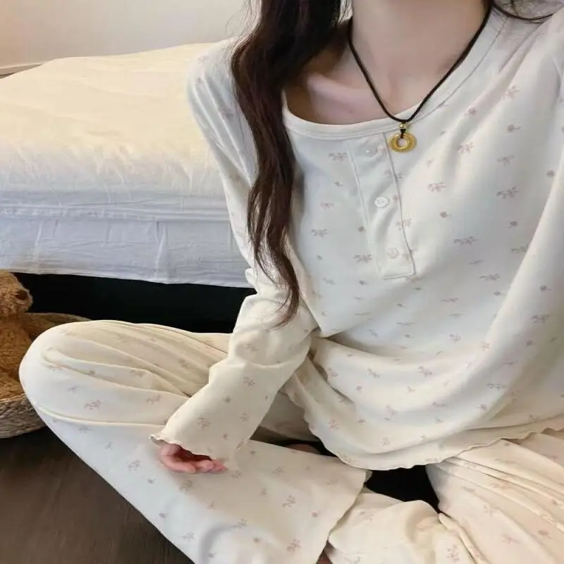 

Soft pajamas sweet style dormitory students with chest pads Korean style pajamas for women autumn and winter new home wear set