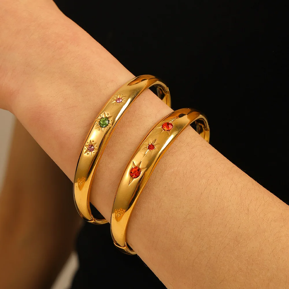 

Delicate Colored Cubic Zirconia Star Stainless Steel Circle Bracelet 18K Gold Plated Waterproof Stackable Trendy Jewelry Gift