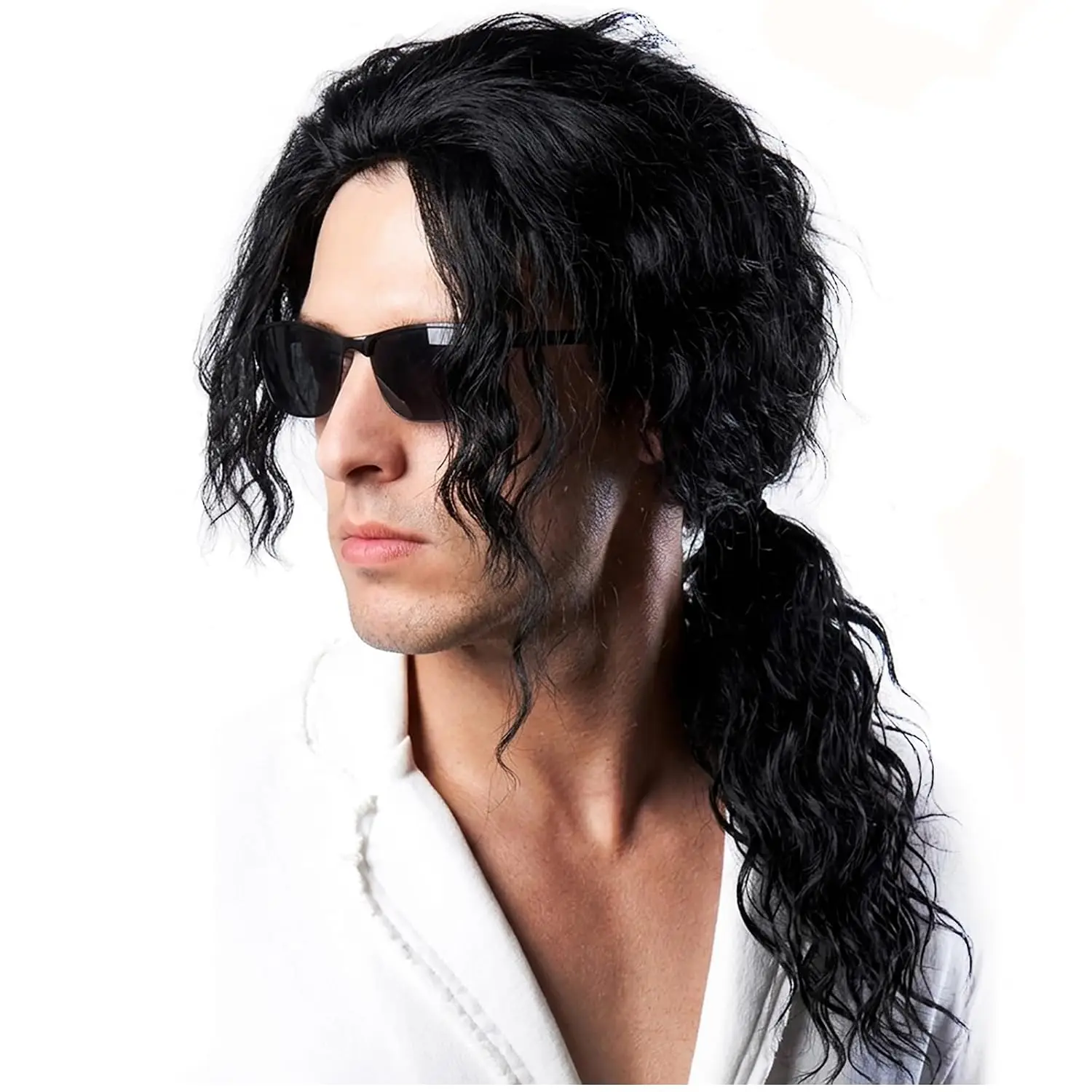 Mens Black Mullet Wig Long Curly Black Wig 70s 80s Rockstar Hair Michael WIG Hair Punk Heavy Metal Rocker Wig