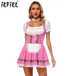 Womens German Bavarian Oktoberfest Beer Cosplay Dress Glossy PU Leather Lace Trim A-Line Dress with Elastic Choker Maid Dress