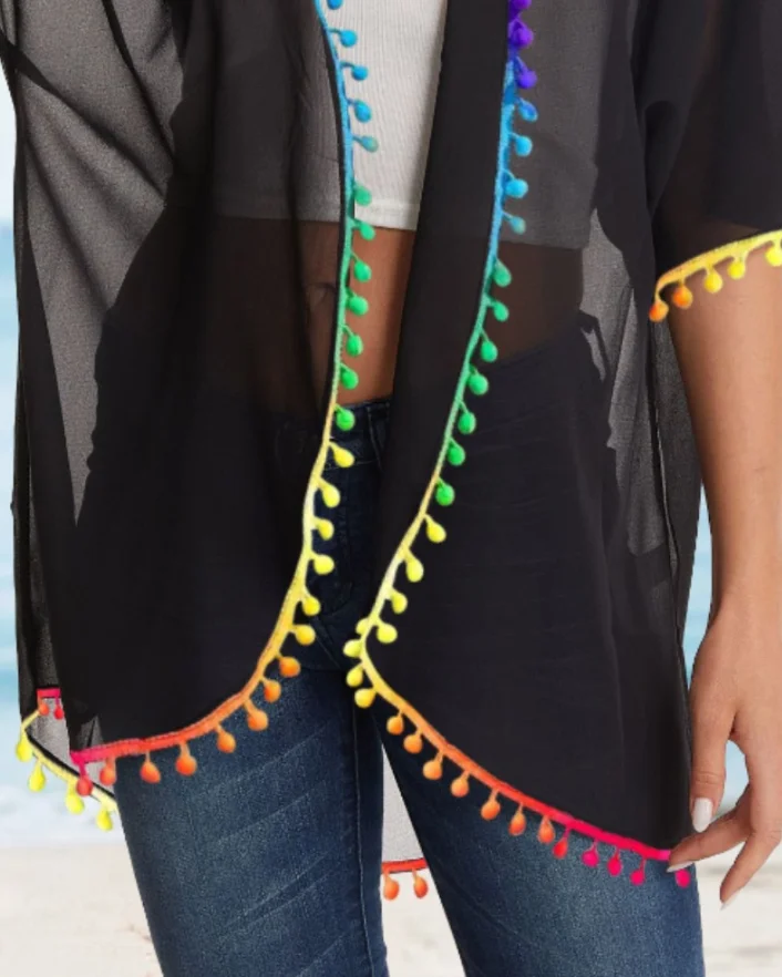 Moda 2025 Puff Sleeve Open Front Colorful Tassel Trim Cover Ups Casual Loose Fit Summer Coat Female Womens Clothing Outfits