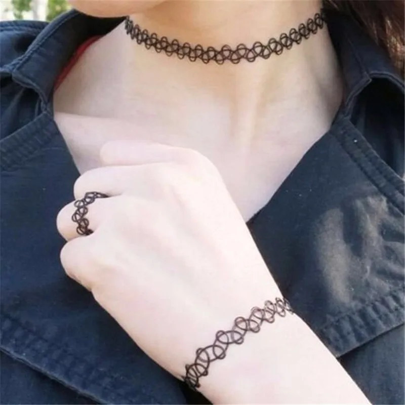 New Stretch Vintage Jewelry Set attoo Necklace For Women Girl Charm Punk Retro Gothic Elastic Choker Female Party Wedding Gift